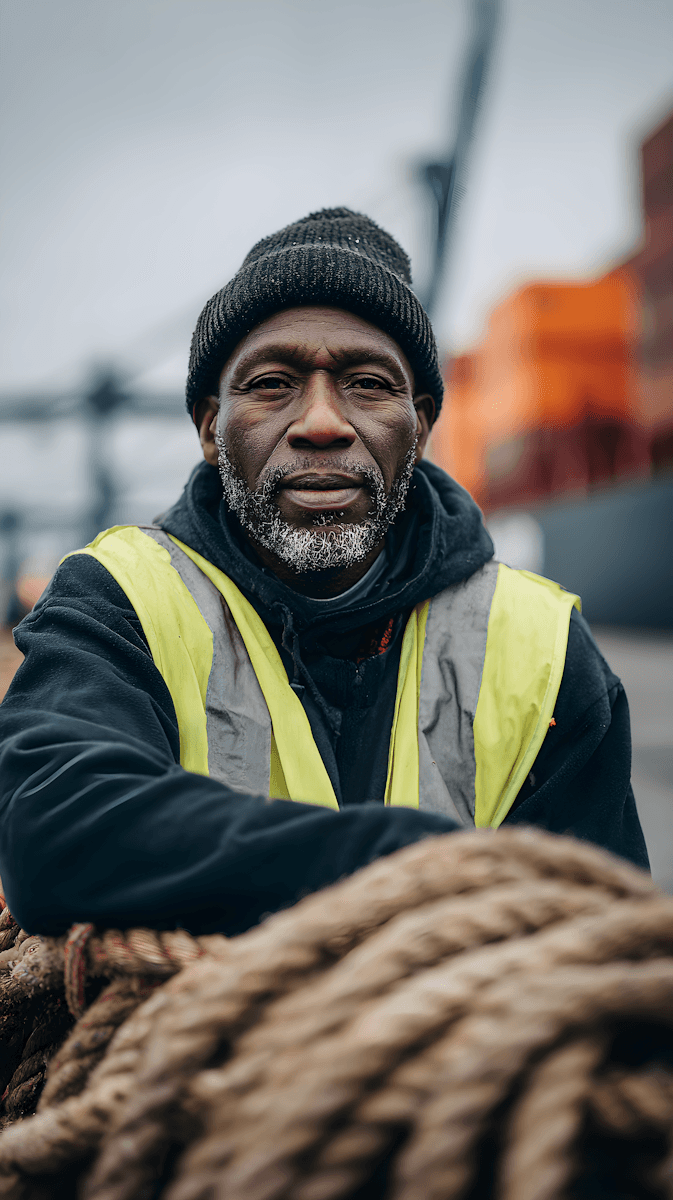 Portrait of a Black dockworker wearing a hat and high visibility vest.