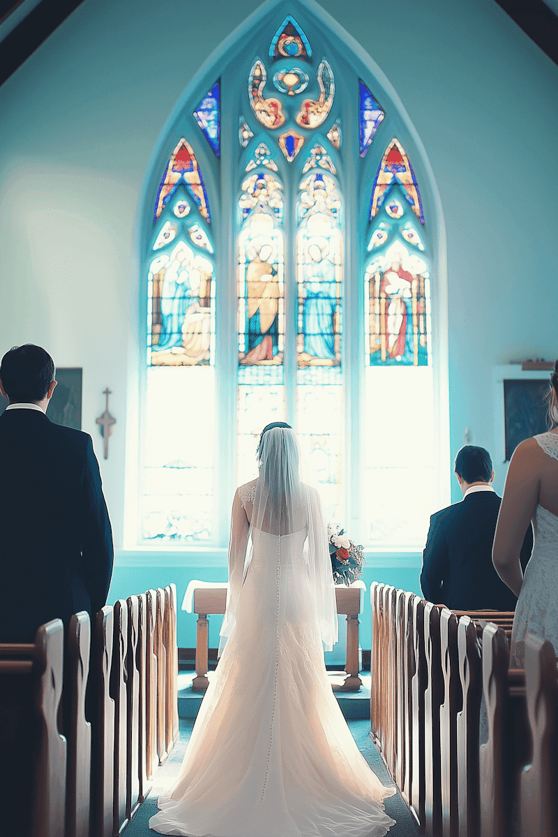 A bride in a flowing white wedding dress stands at the altar of a church, illuminated by a large, vibrant stained glass window depicting colorful religious scenes.