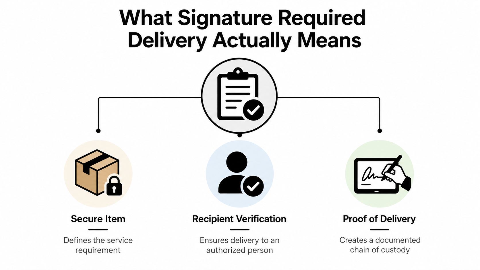 An infographic explaining the components of signature required delivery: secure item, recipient verification, and proof of delivery.