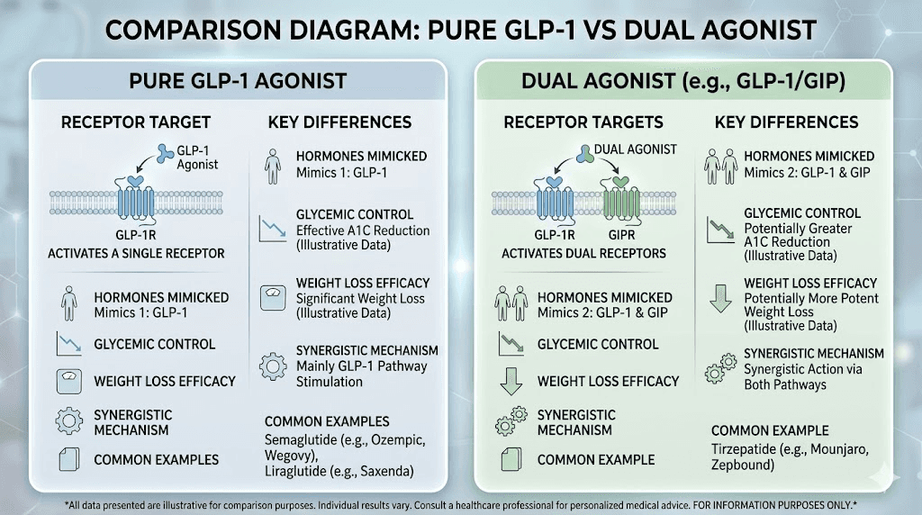 Pure GLP-1 agonist versus dual GLP-1 GIP agonist comparison diagram