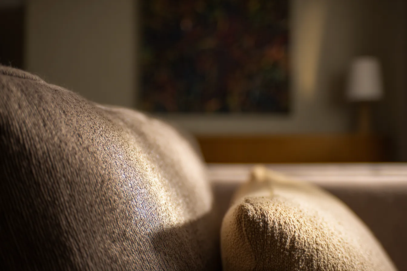 Soft-lit therapy space with cozy seating for clients