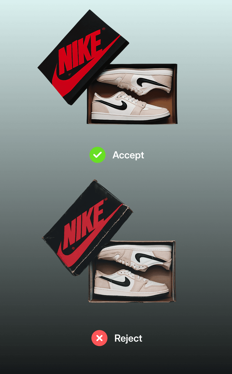 Side-by-side of acceptable and rejected sneaker box conditions showing Pledge quality standards