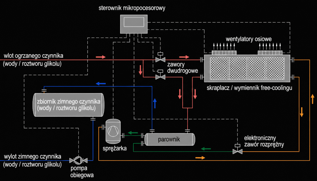 Schemat działania freecoolingu w agregacie wody lodowej
