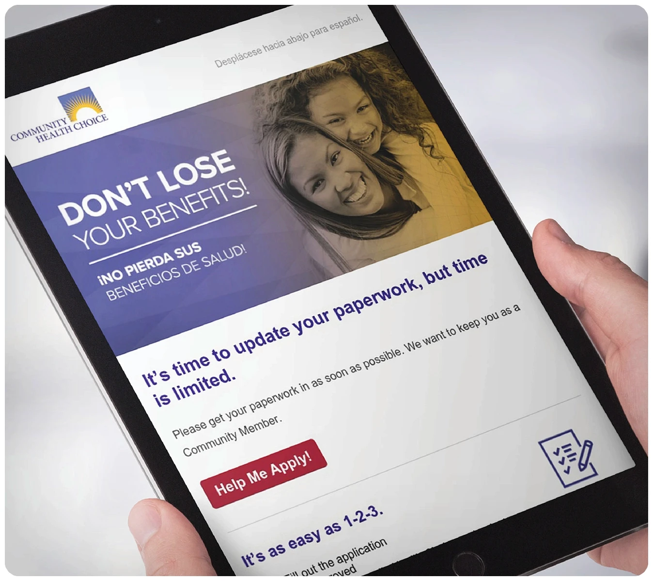 Community Health Choice customer email previewed on a tablet
