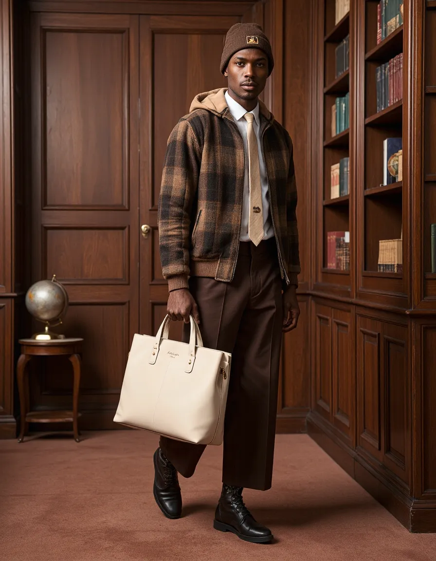 Man in winter fashion wearing plaid jacket and beanie, holding tote bag in wood-paneled library setting