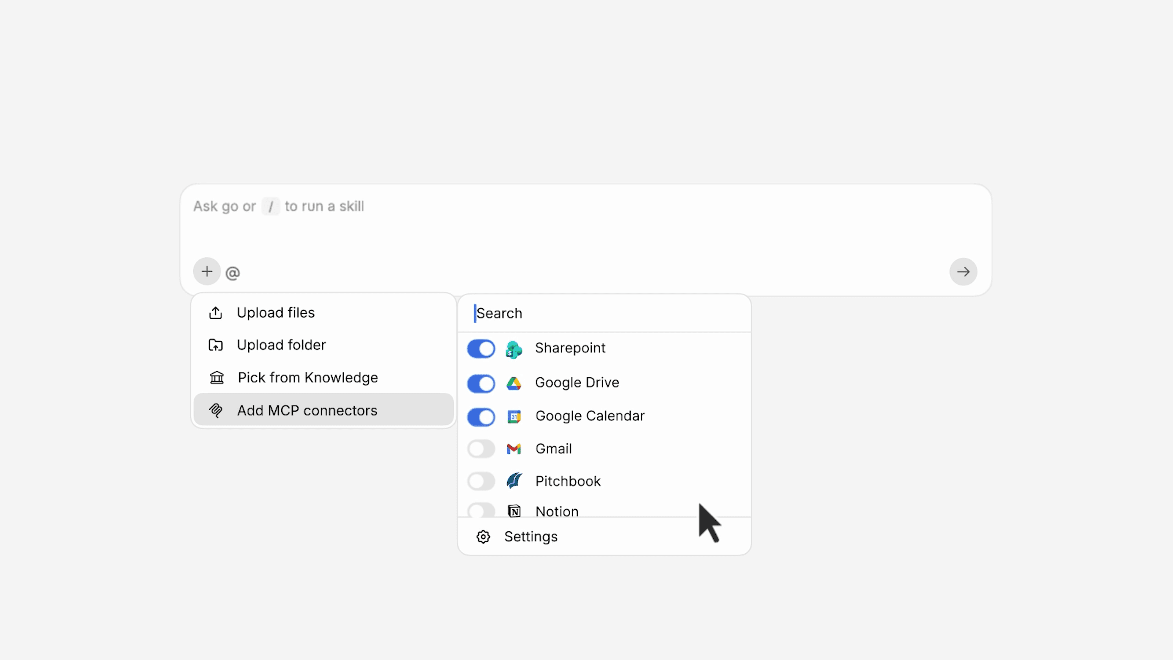 The MCP connectors menu in V7 Go's chat input, showing connected integrations including SharePoint, Google Drive, Google Calendar, Gmail, Pitchbook, and Notion.
