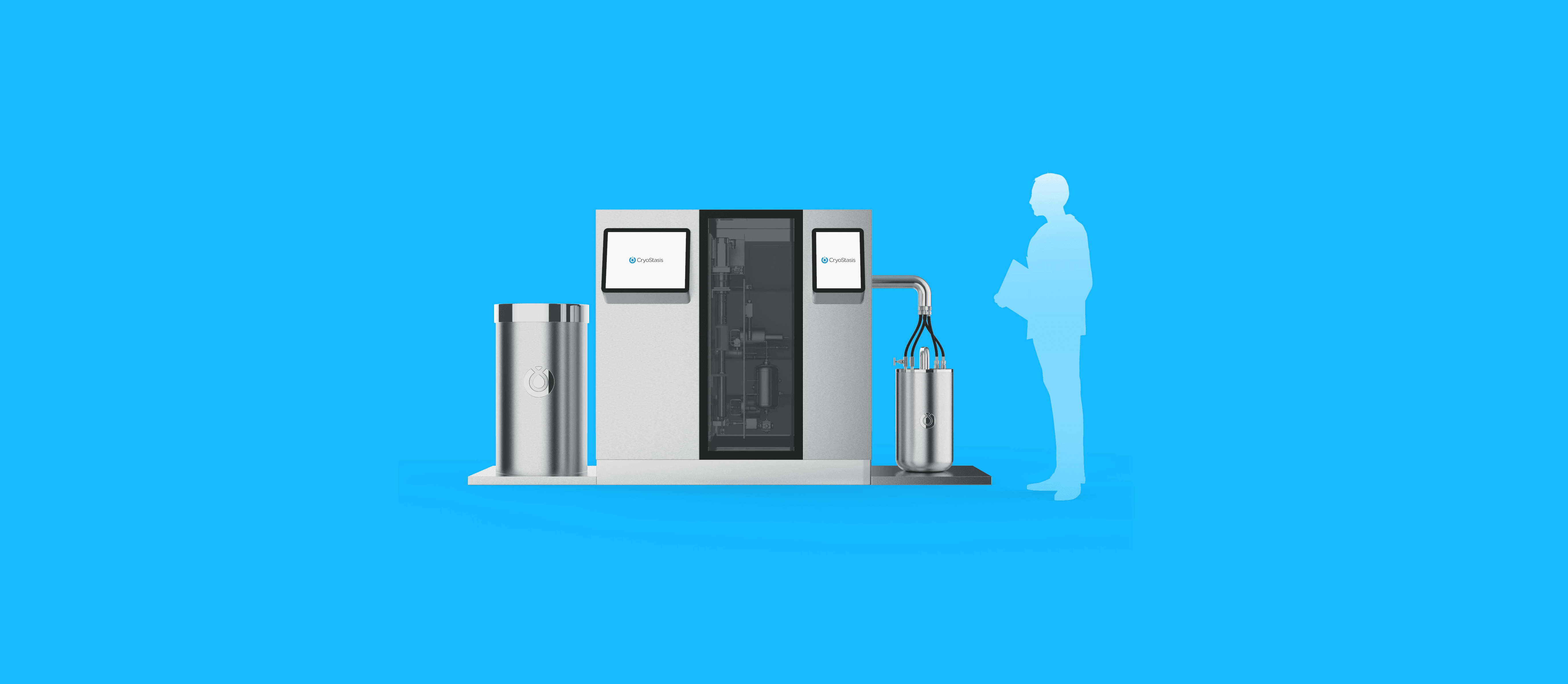 Render of a person standing beside the Cryostasis fridge system, showcasing its sleek design and advanced temperature control for storing biological materials.