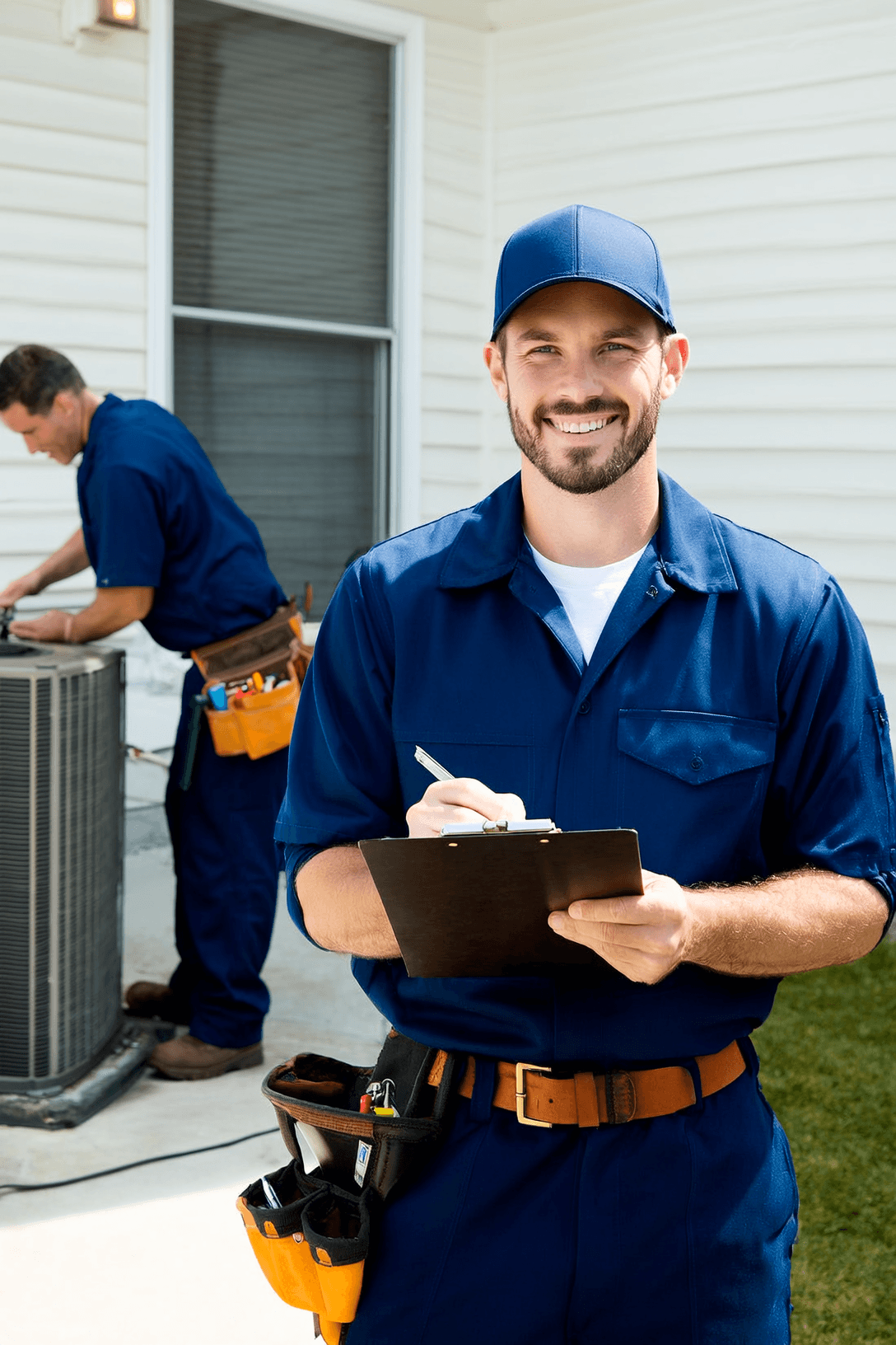 Smiling maintenance technician checking HVAC system for a client in Naples, Florida.