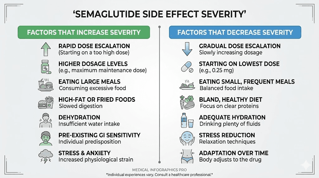 Factors that worsen versus improve semaglutide side effects comparison chart