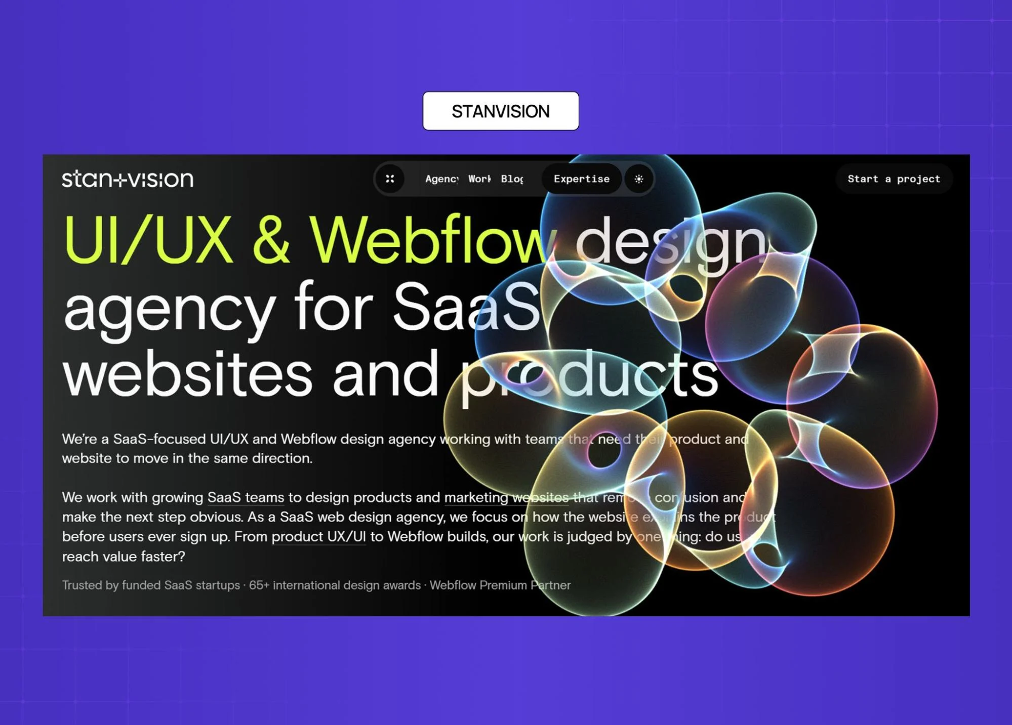Stanvision UI/UX and Webflow agency homepage with large typography and abstract visual elements. 