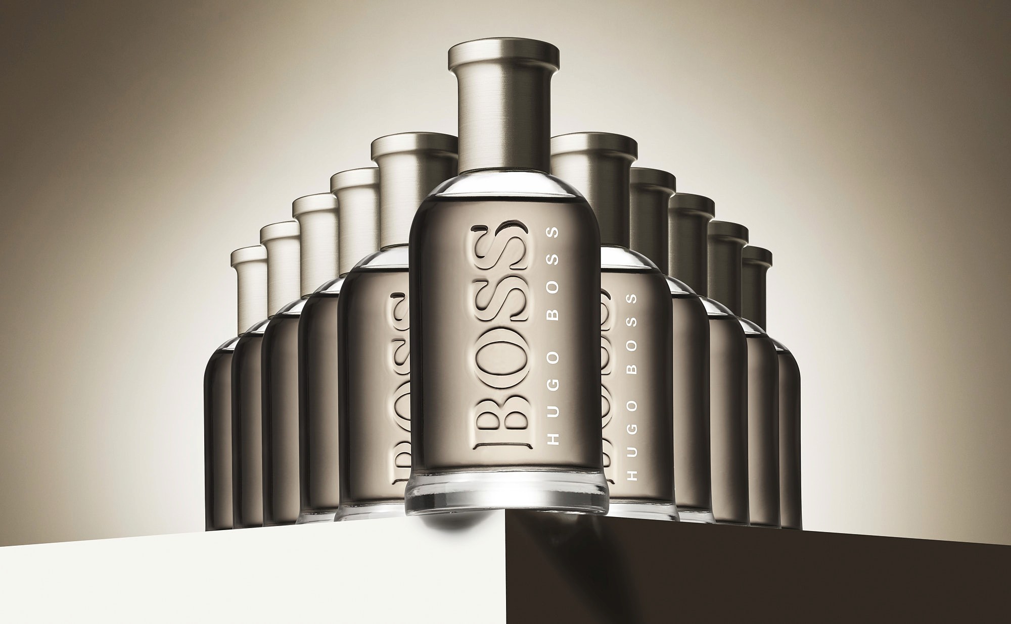 Hugo Boss fragrance bottles in elegant display.