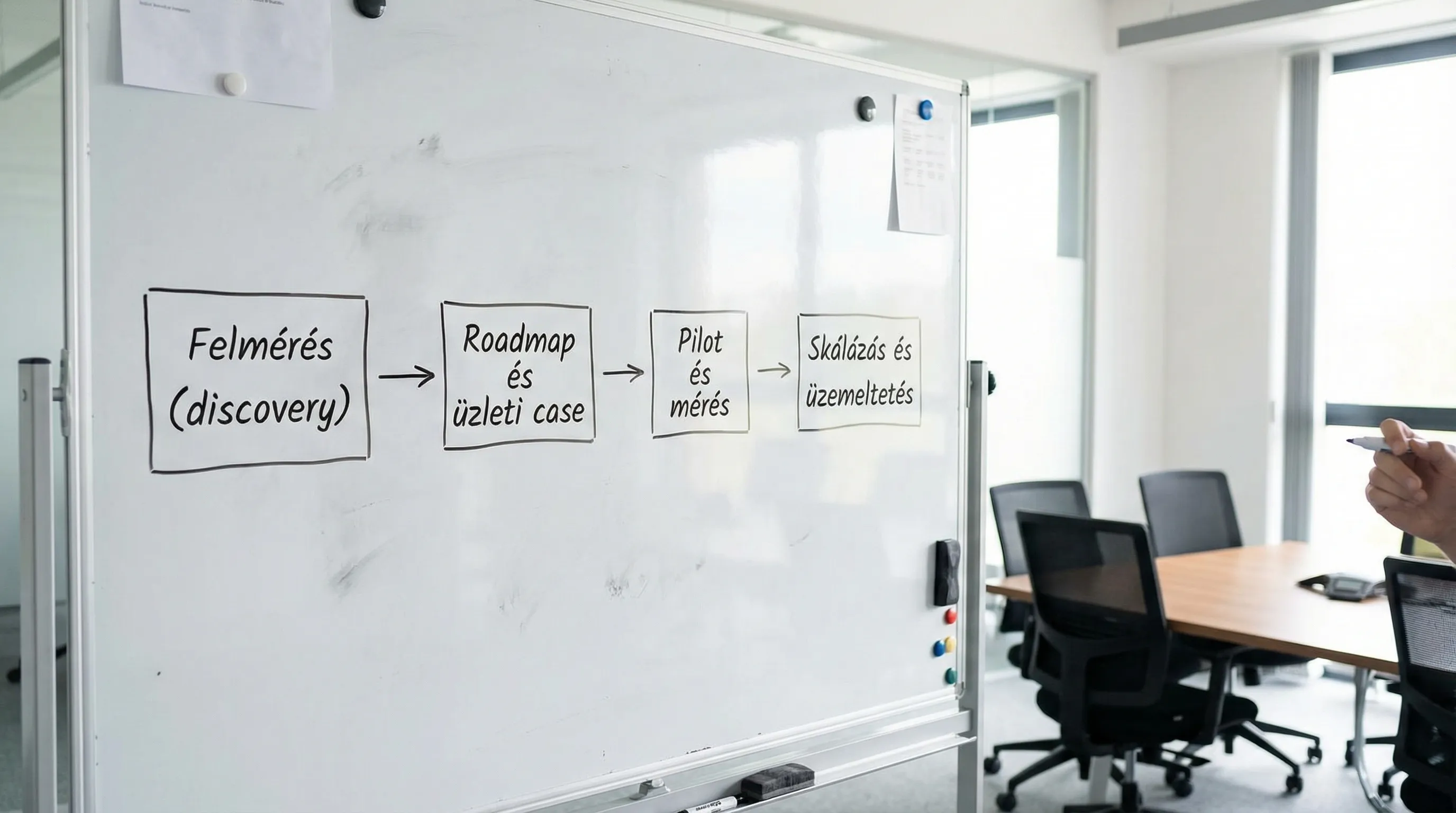 Egyszerű folyamatábra négy dobozzal és nyilakkal: Felmérés (discovery) -> Roadmap és üzleti case -> Pilot és mérés -> Skálázás és üzemeltetés.