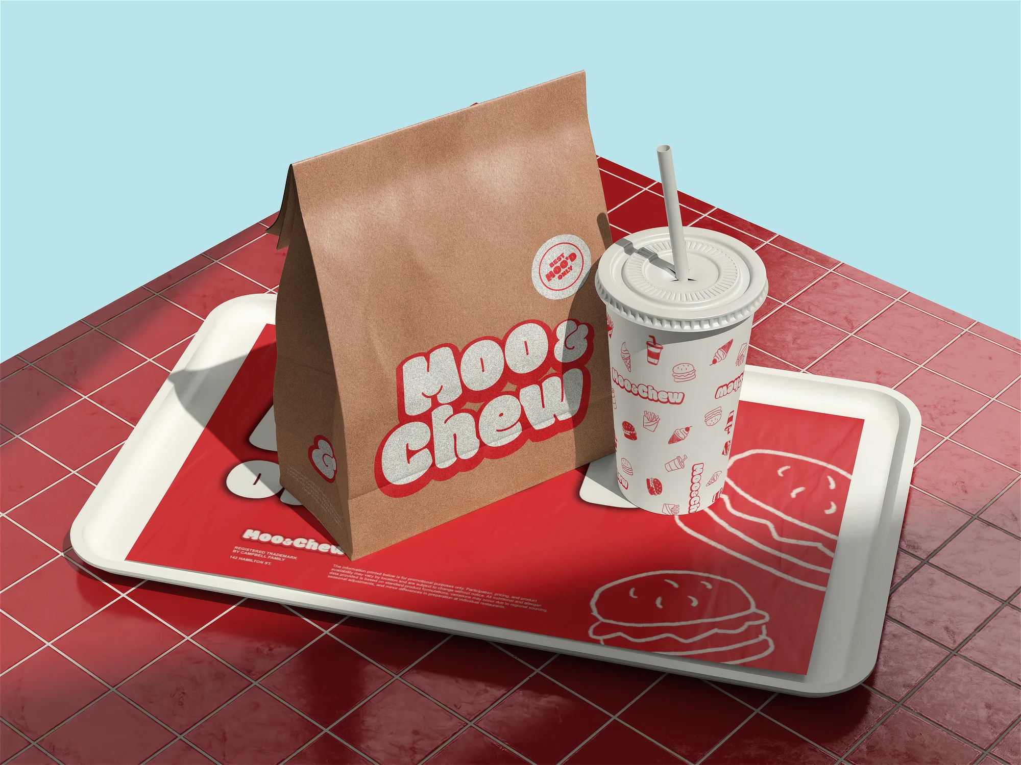 A diner-style fast food branding identity set by Studio Liminal featuring a custom paper bag and cup displaying the Moo and Chew logo, arranged on a tray with branded liner on a modern restaurant table.