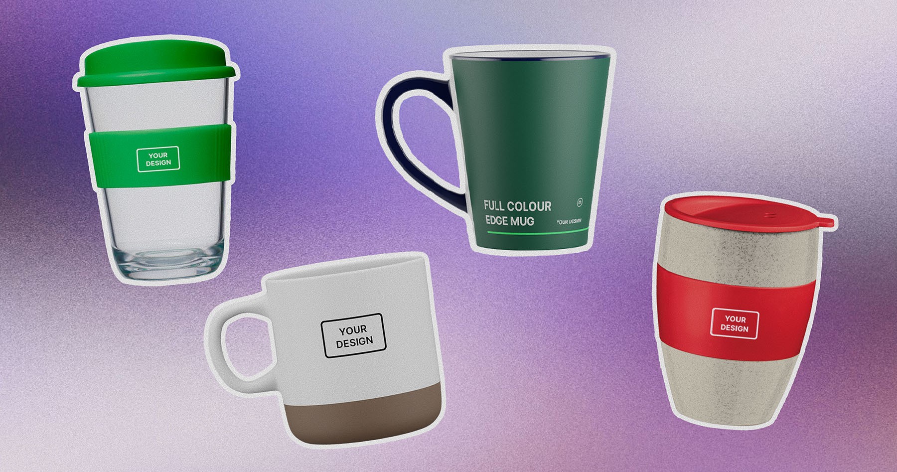 Collection of custom branded mugs, travel tumblers, and full-color edge mugs from Monday Merch, suitable for personalized corporate merchandise.