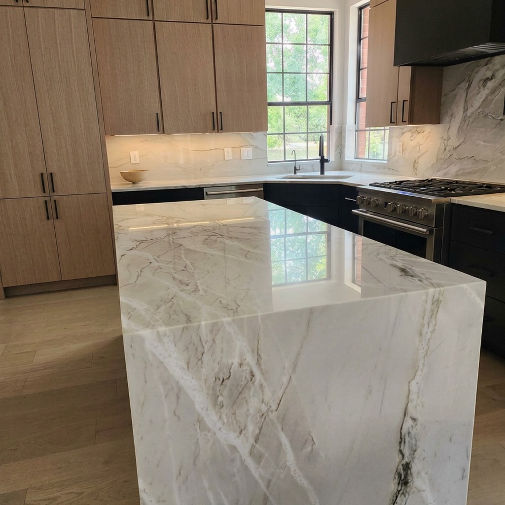 Bianco Superiore leathered quartzite waterfall island with smoky gray veining, next to white oak cabinets and dark lower cabinets