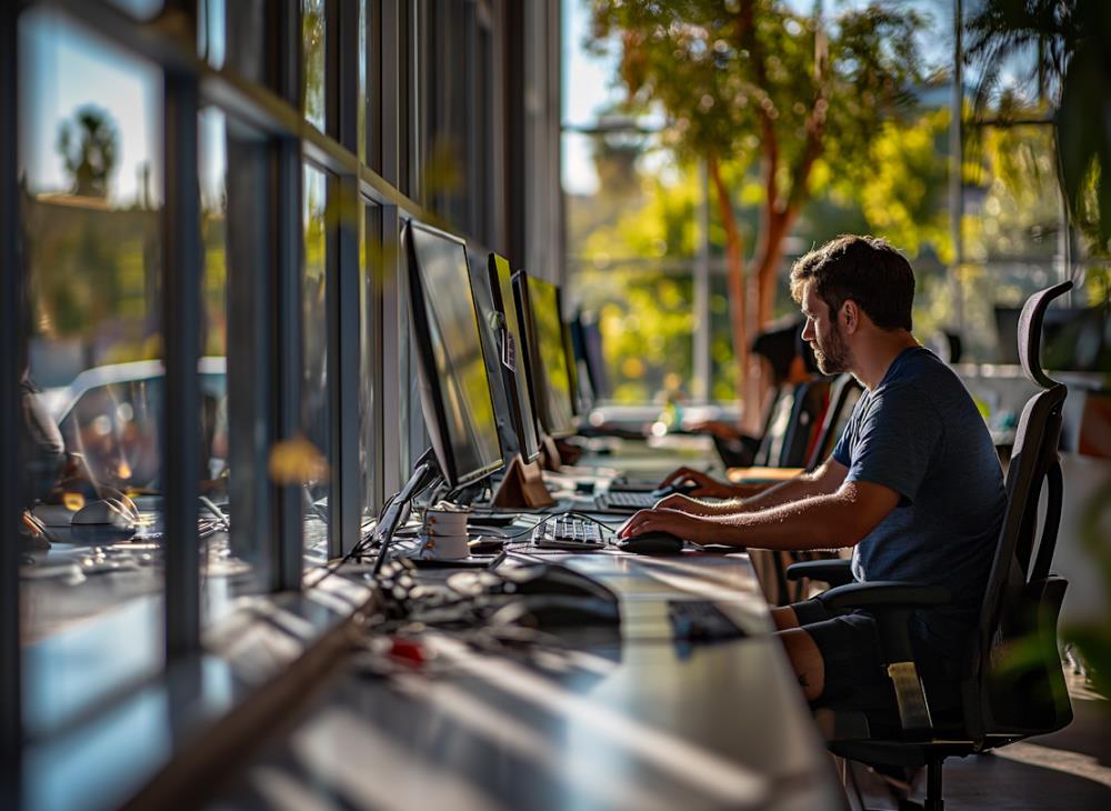 Man working at a computer in a modern office with large windows. Sunlight streams in, creating a focused, serene atmosphere with a view of trees outside.