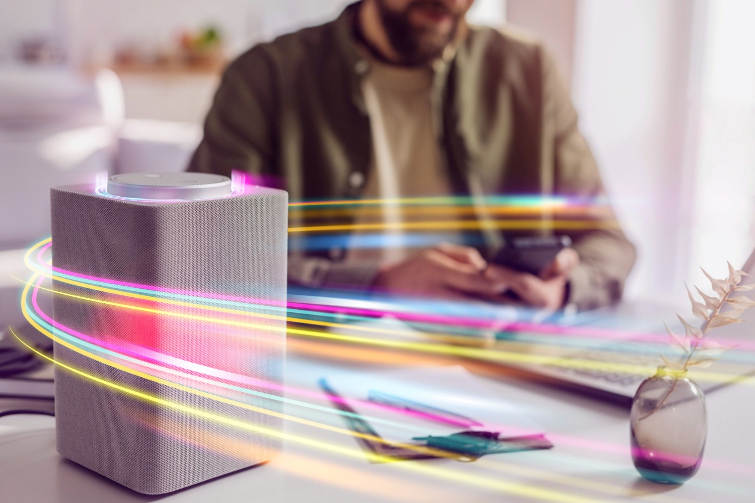 Futuristic UI design featuring a user interacting with a voice assistant