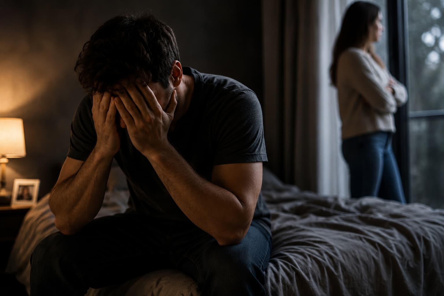ein mann sitzt auf einem bett und hat die hände vor dem gesicht, eine frau steht im hintergrund
