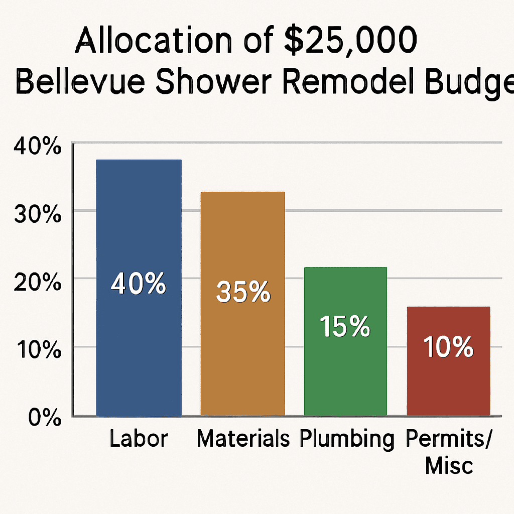 A simple bar chart showing the allocation of a typical $25,000 Bellevue shower remodel budget (Labor 40%, Materials 35%, Plumbing 15%, Permits/Misc 10%).