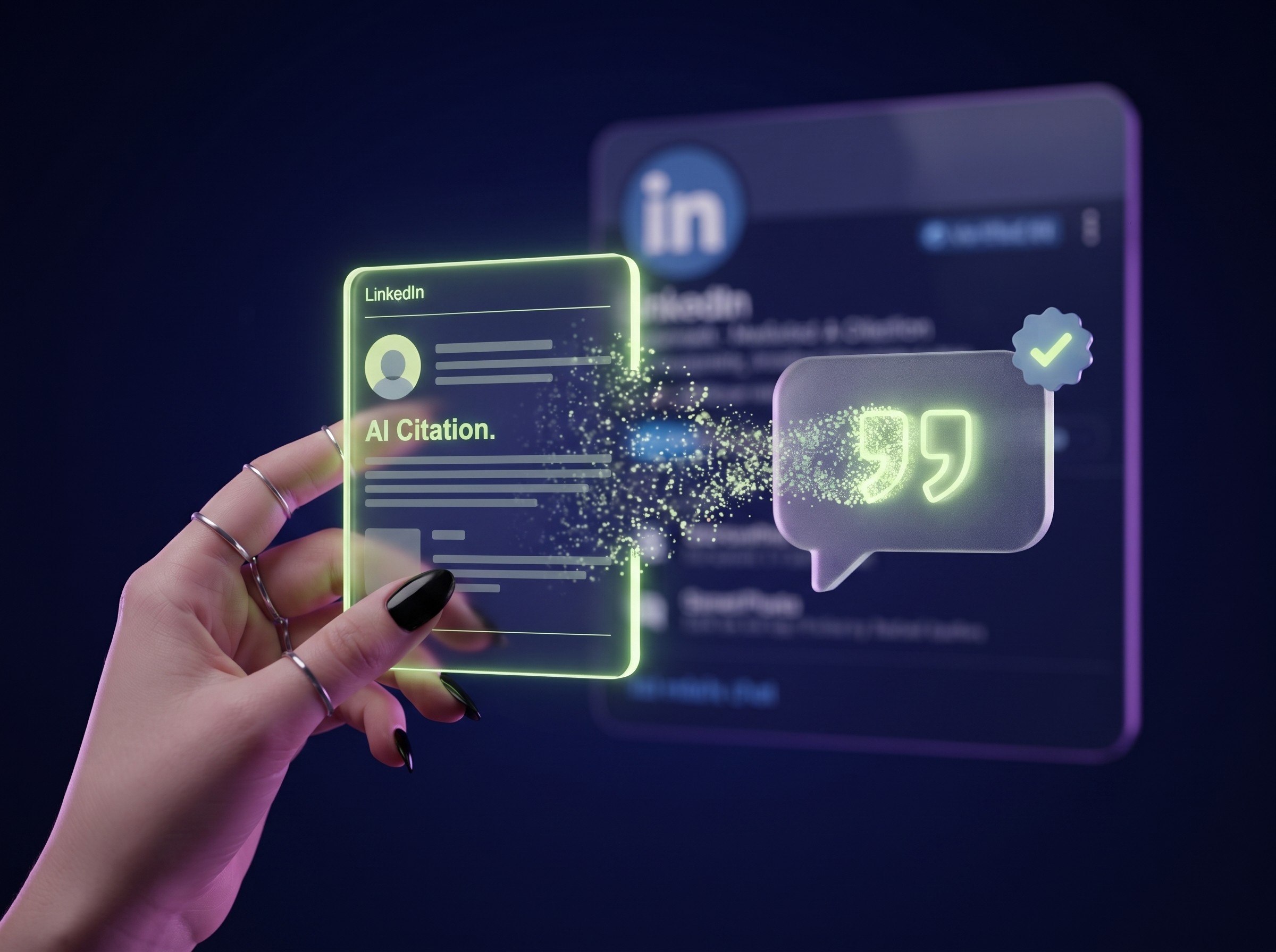A hand holding a LinkedIn post card dissolving into particles that flow into an AI answer bubble