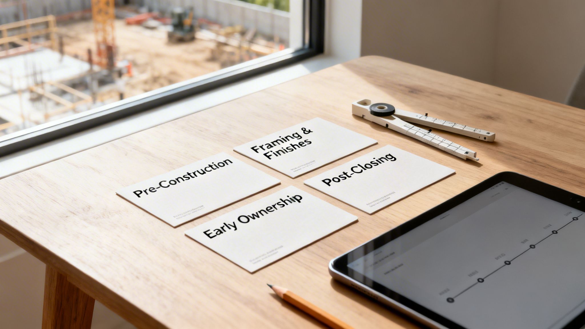 Construction project phase cards (Pre-Construction, Framing, Early Ownership, Post-Closing) on a desk with tablet, overlooking a building site.