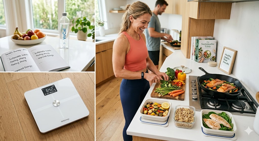 A healthy woman in athletic wear stands confidently on a modern smart scale. She is preparing a variety of balanced, colorful meals featuring salmon, chicken breast, and fresh vegetables like broccoli, bell peppers, and carrots. A bowl of fruit, a open wellness planner with notes on sustainable habits, and other healthy lifestyle indicators are on the counter. The bright natural light highlights a premium wellness magazine style focused on sustainable nutrition and fitness coaching.