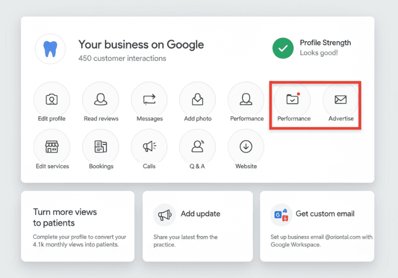 Google Business Profile management dashboard for Orion Dental Studio, highlighting the Performance section.