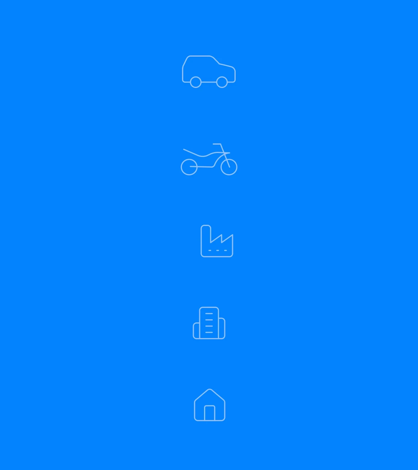 Conjunto de ícones de linha sobre fundo azul representando: carro, moto, fábrica, edifício comercial e casa