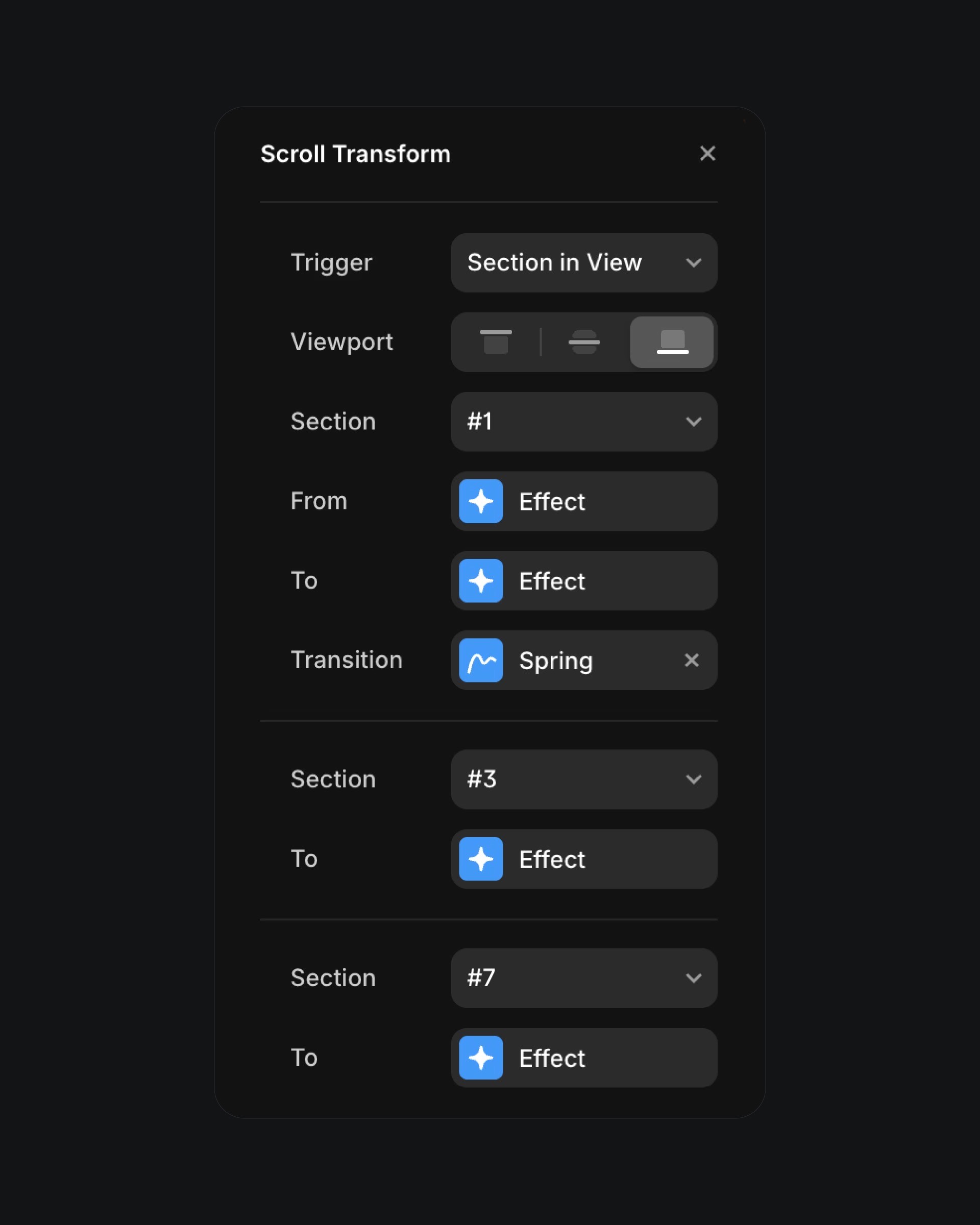 Scroll Transform UI with multiple section effects and spring transition