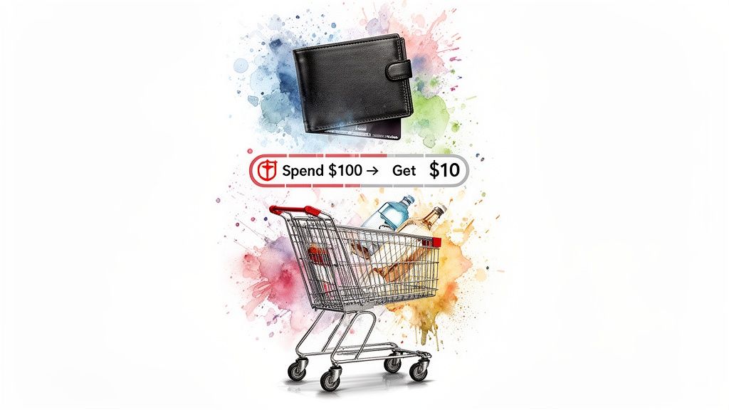Shopping cart and wallet illustrating a 'Spend $100, Get $10' reward promotion.