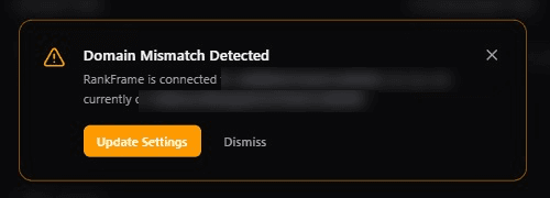RankFrame Domain Mismatch Detected message with Update Settings and Dismiss