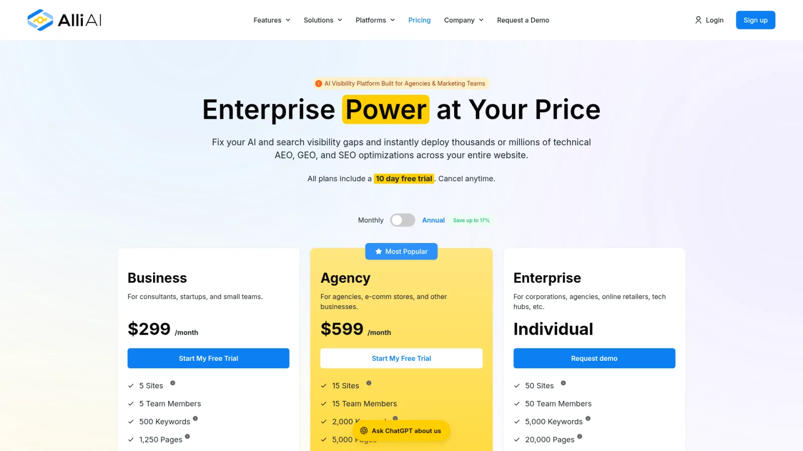 Alli AI pricing page showing Business, Agency, and Enterprise plans