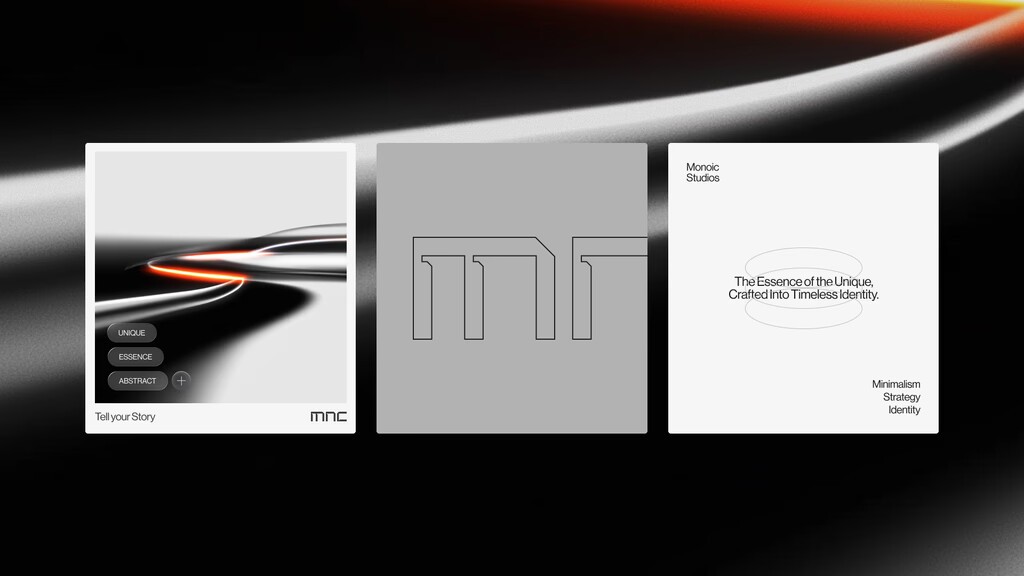 Minimalist portfolio showcase with three branding design cards on dark abstract background