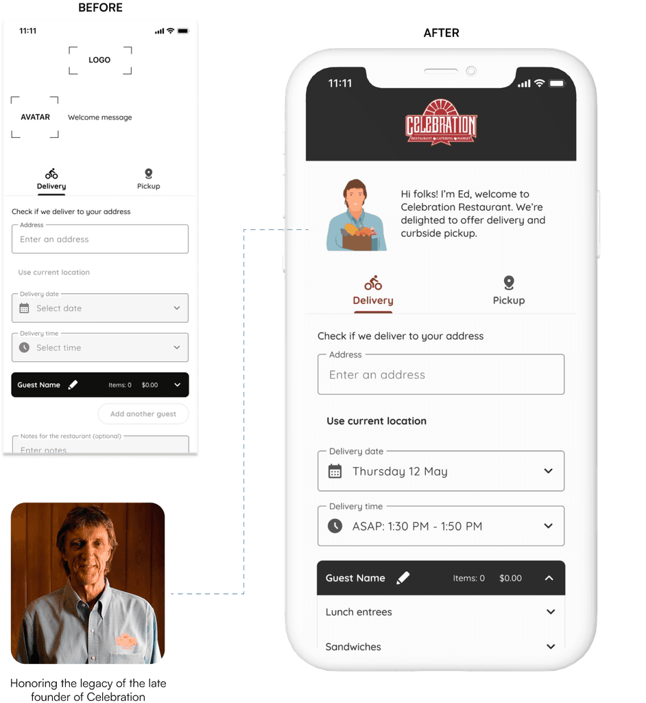 Before and after mockup of the food delivery menu customization, showcasing a special avatar designed to honor the legacy of the late founder of the restaurant.