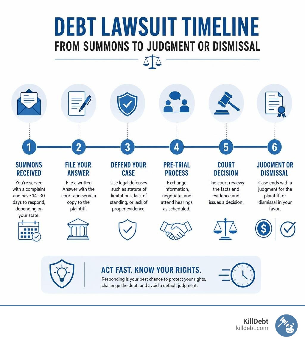 Debt lawsuit timeline from summons to judgment or dismissal infographic