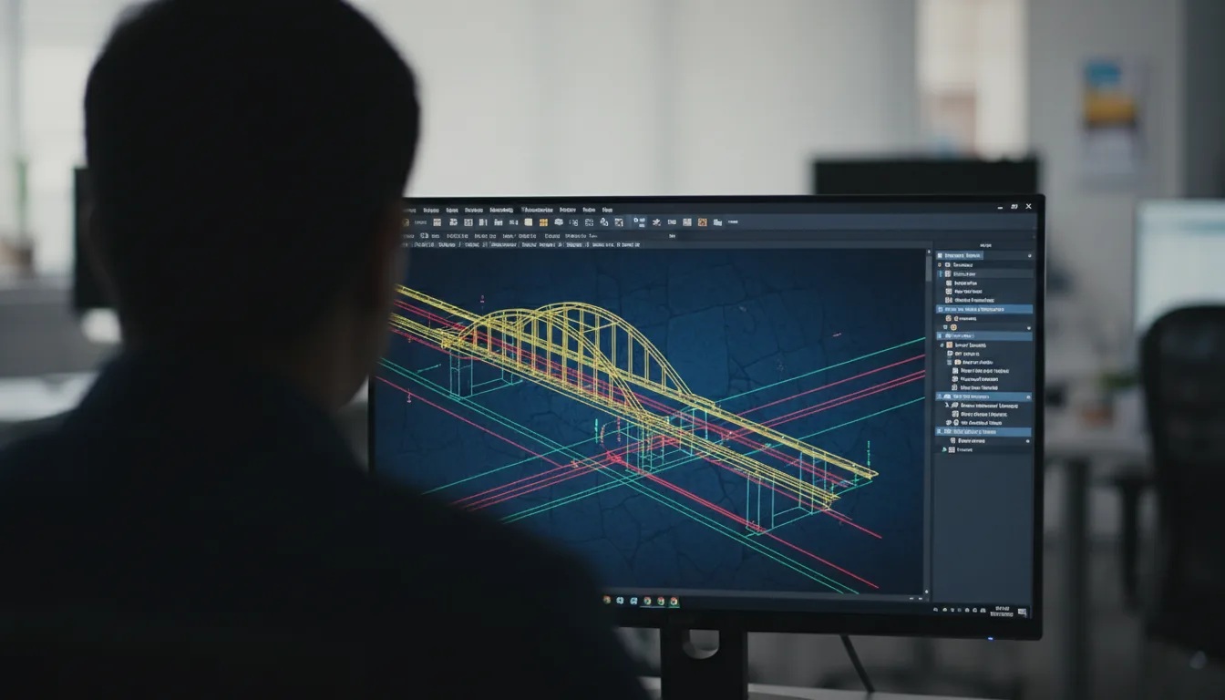 DSLR photography, over-the-shoulder close-up shot of a person's silhouette looking at a computer monitor displaying Autodesk AutoCAD software in dark mode. The screen is in sharp focus, showing a complex civil engineering schematic with bright yellow, red, and green vector lines on a dark blue background with a stone pattern. Shallow depth of field creates a strong bokeh effect, heavily blurring the office environment in the background. Soft ambient lighting.