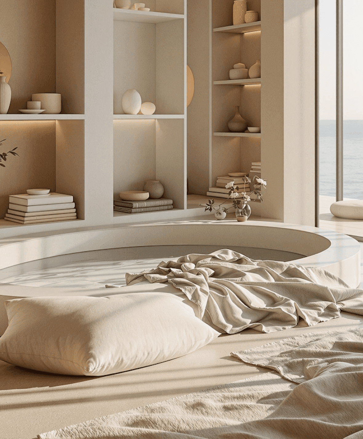 Tranquil spa nook with a round soaking tub, soft linens, and shelves of minimalist decor.