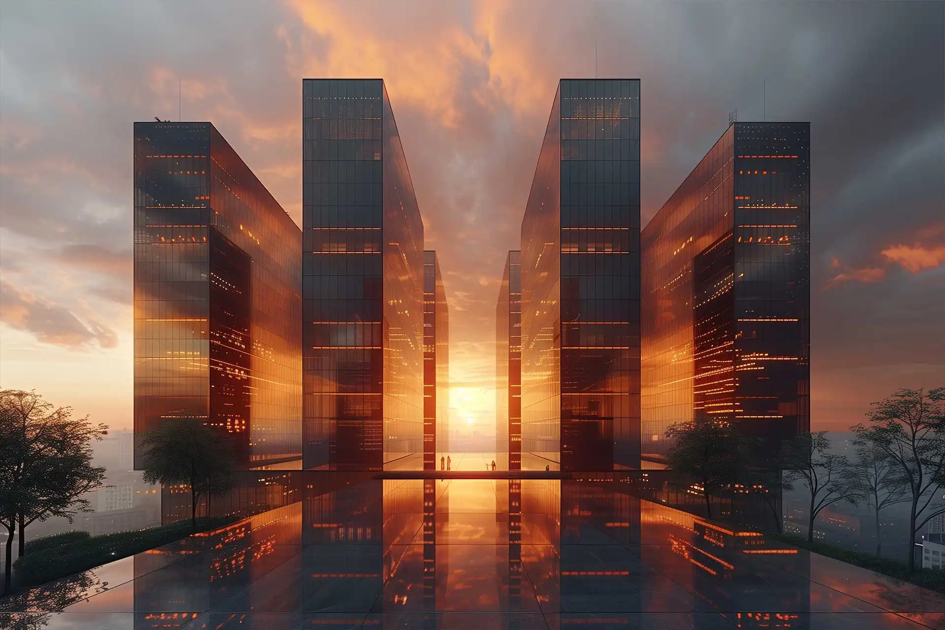 Modern glass skyscrapers reflecting a vibrant sunset with a mirrored plaza