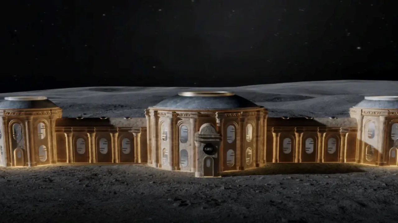 A futuristic, illuminated building stands prominently on a dark, barren lunar surface, featuring a series of interconnected domes and arches, set against a backdrop of starry space.