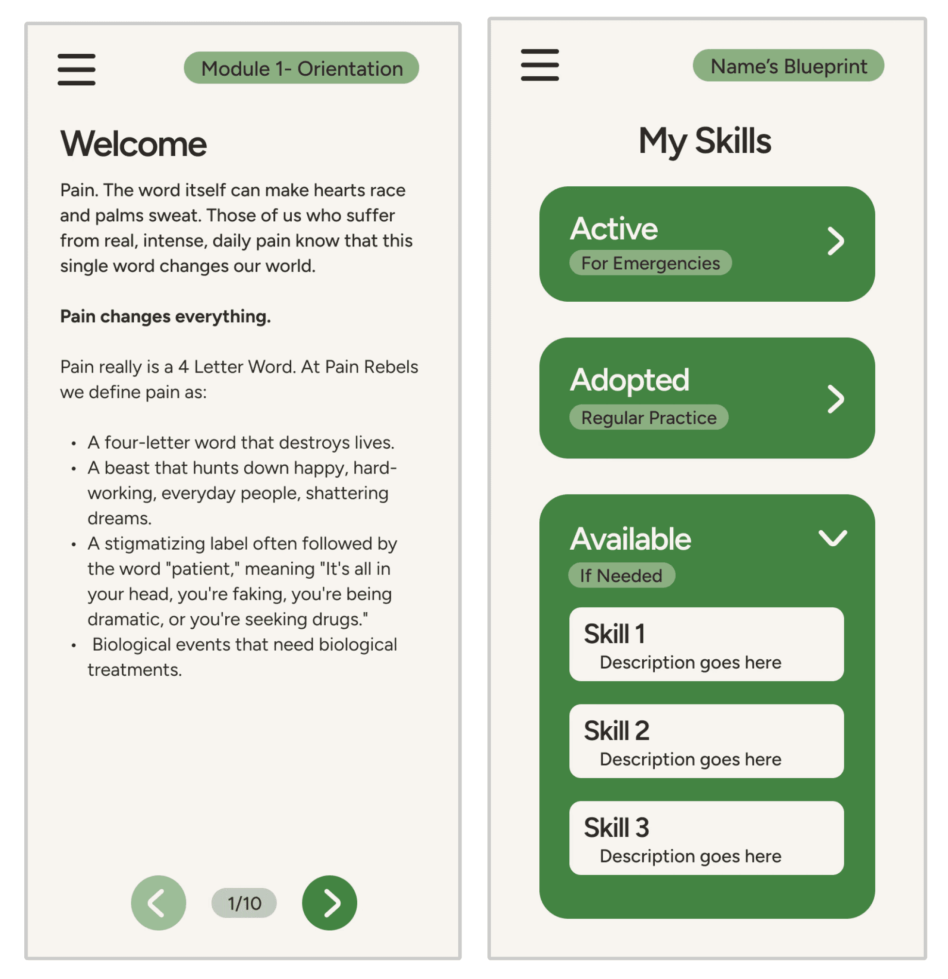 Two mobile app screens displaying the 'Welcome' lesson page and a 'My Skills' tracker.