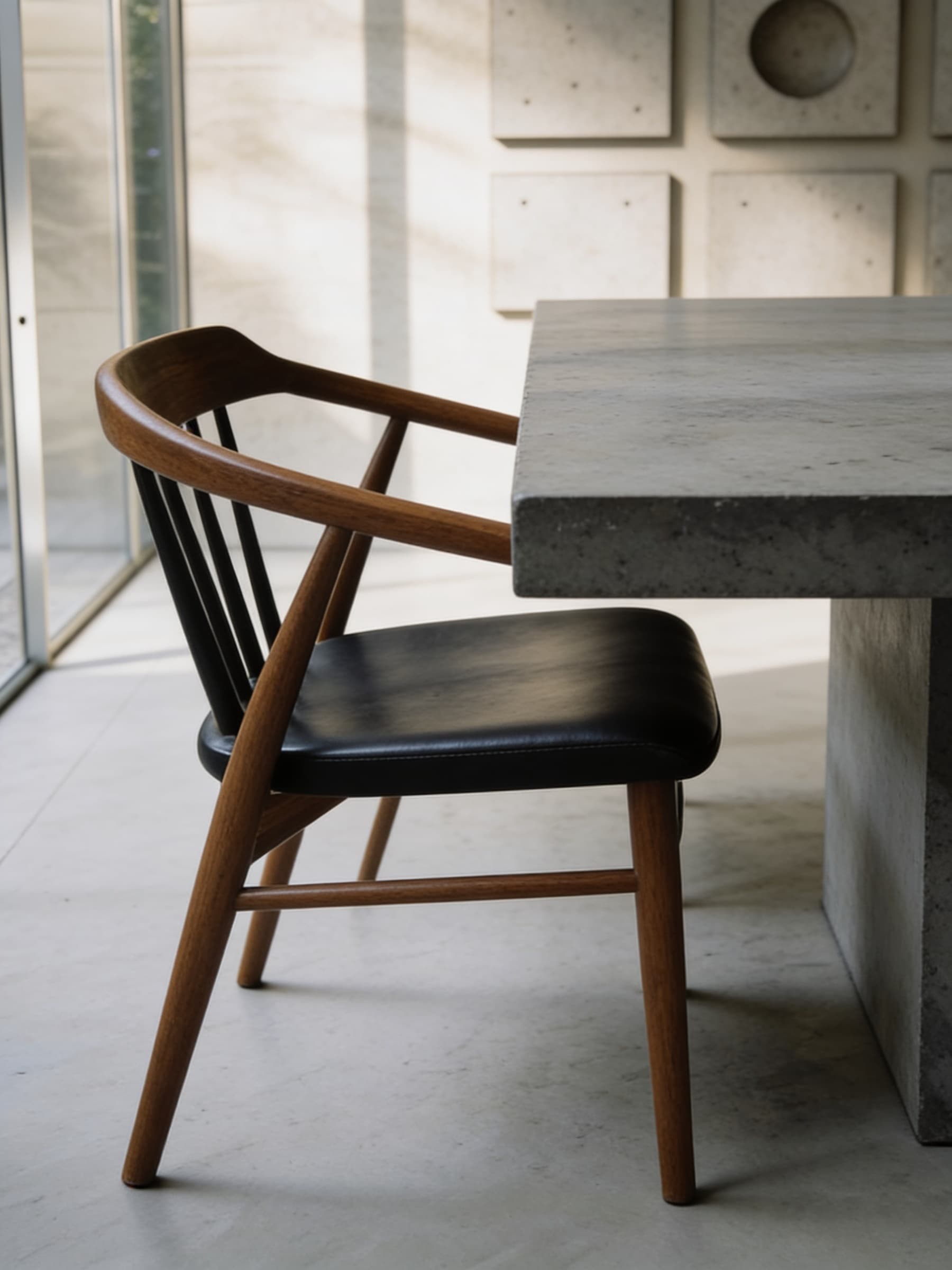 A modern wooden chair with a black leather seat is positioned beside a sleek concrete table, set against a background of a light, minimalist room with geometric wall designs, emphasizing contemporary interior design.