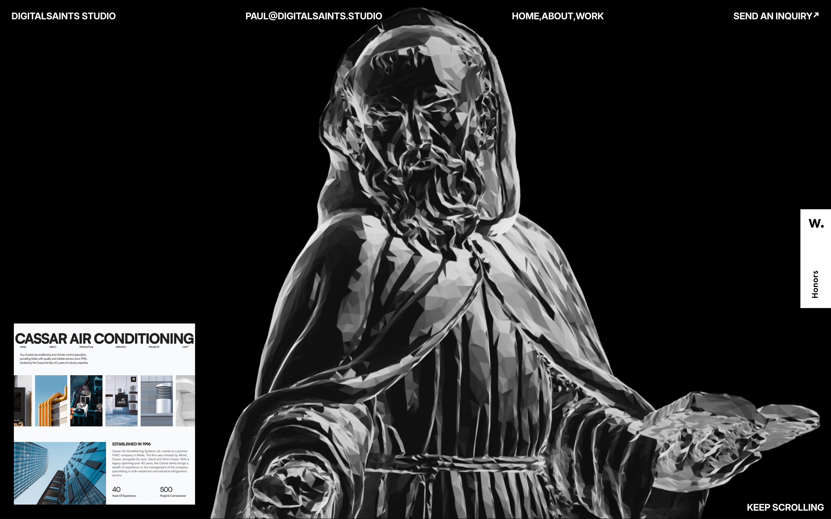 A grayscale statue of a bearded figure with outstretched hand on a black background; website tabs and small text visible.