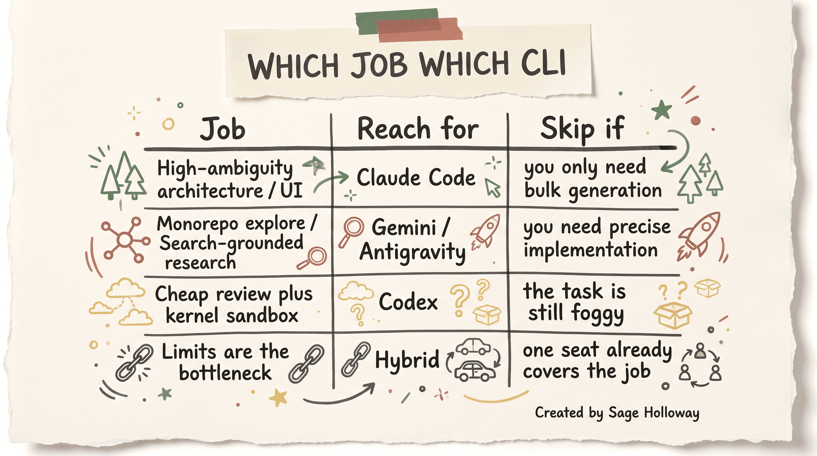 Decision table for which jobs fit Claude Code, Gemini CLI or Antigravity, Codex, or a hybrid