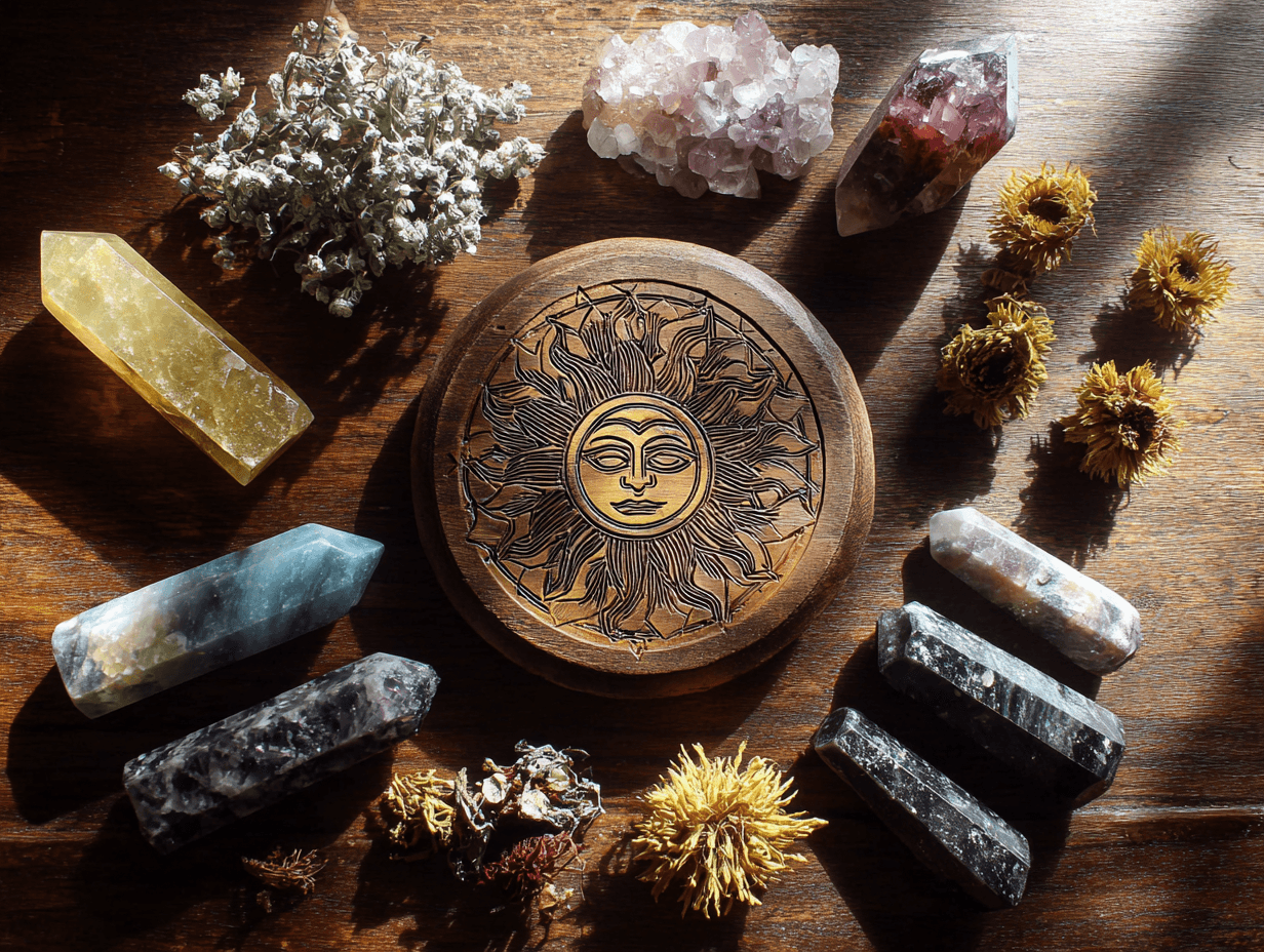 Alter with crystals, flowers & a sun