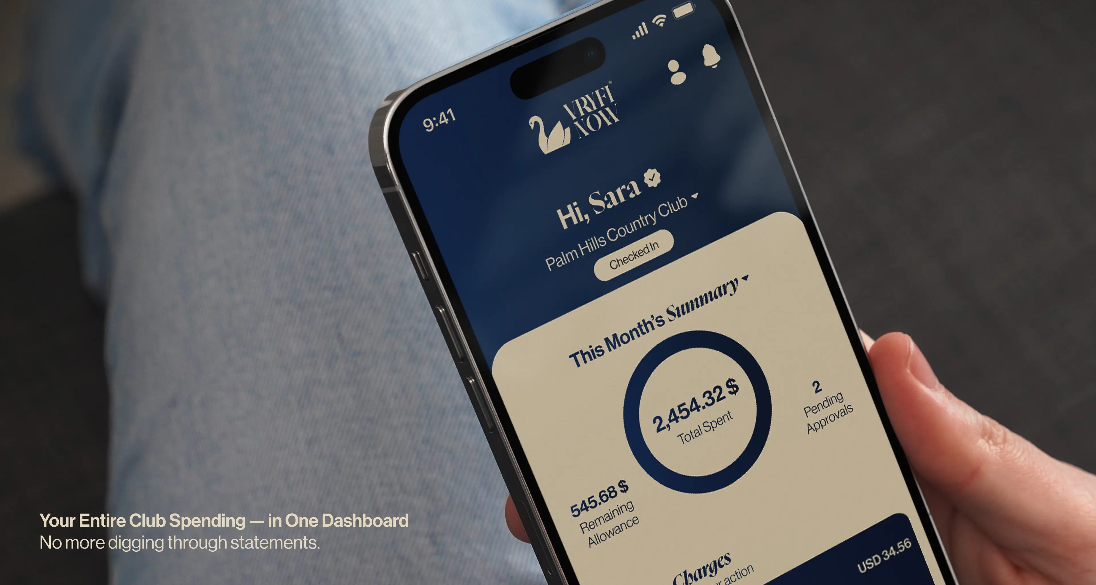 VRYFI NOW consumer app dashboard displaying member greeting, monthly spending summary, and allowance balance