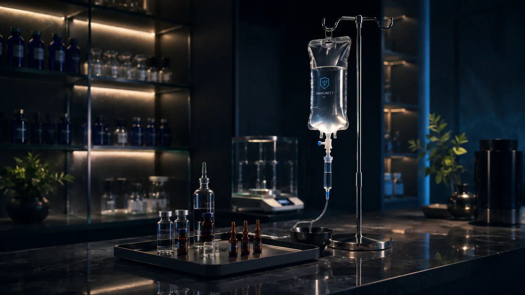 IV drip bag on a stand in a dark modern clinic