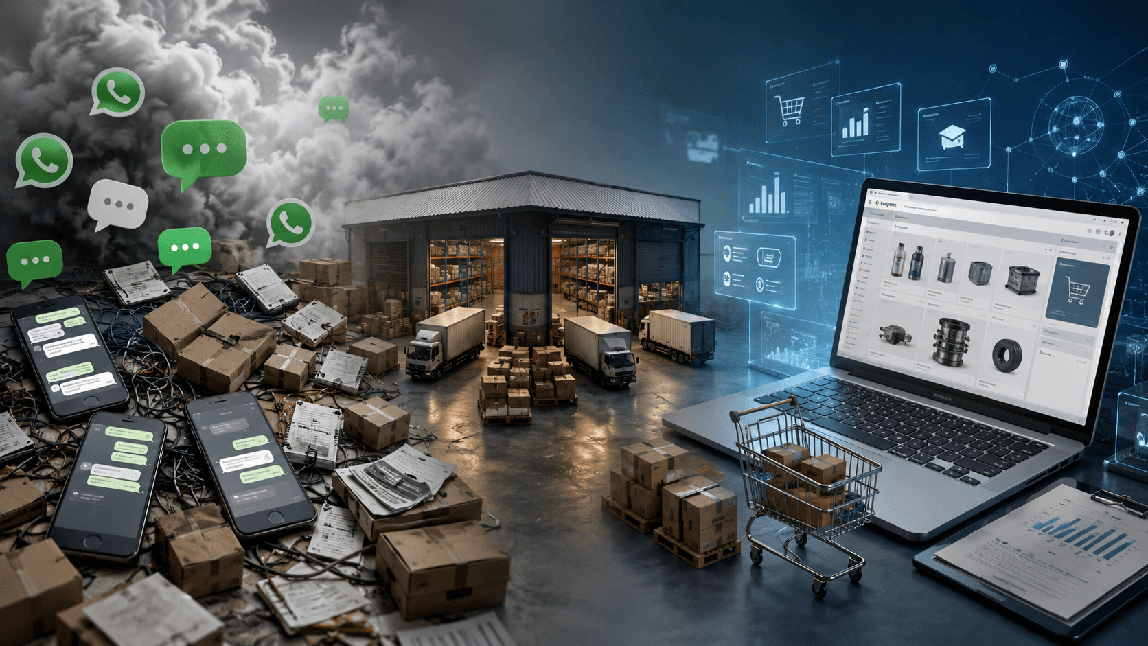 Ilustração 3D realista de um centro logístico moderno conectado a uma plataforma de e-commerce B2B. Em primeiro plano, notebooks e dashboards digitais exibem catálogos de produtos, pedidos em grande volume e gráficos operacionais. Ao redor, pallets, caixas, caminhões e prateleiras industriais organizadas representam a operação de distribuidoras de médio e grande porte. Elementos sutis de mensagens instantâneas, papéis e processos manuais aparecem sobrecarregados no ambiente, indicando o limite operacional do modelo baseado apenas em WhatsApp e representantes comerciais. Atmosfera corporativa, iluminação cinematográfica, visual tecnológico e industrial integrado em uma única cena contínua, formato widescreen 16:9, sem pessoas e sem texto.