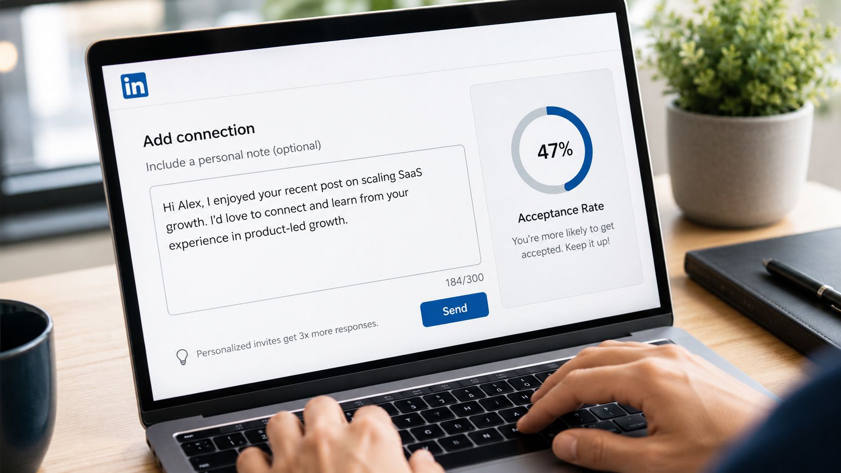 A person typing a personalized LinkedIn connection request on a laptop computer with an acceptance rate display.