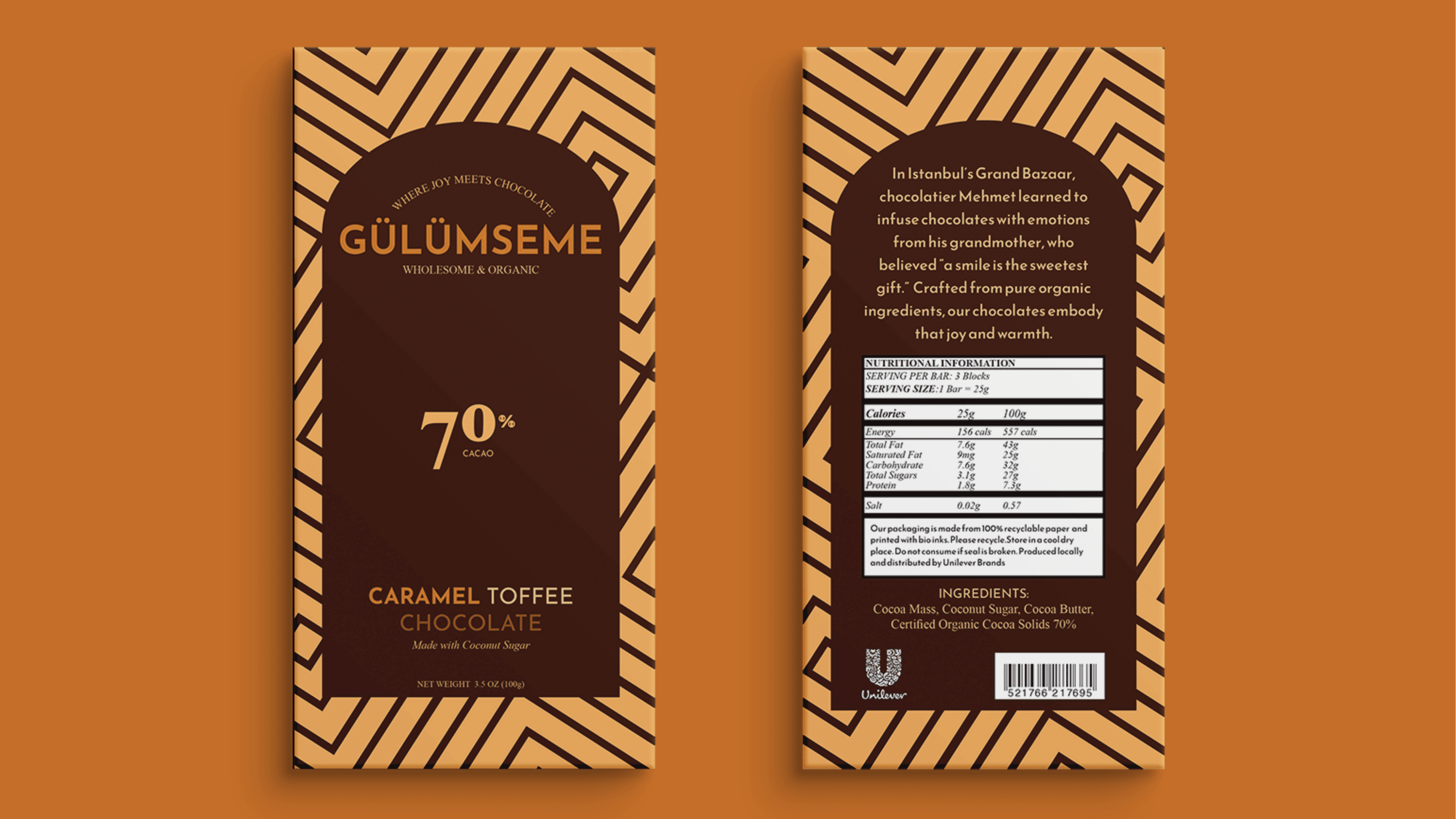 Caramel toffee bar, front and back.