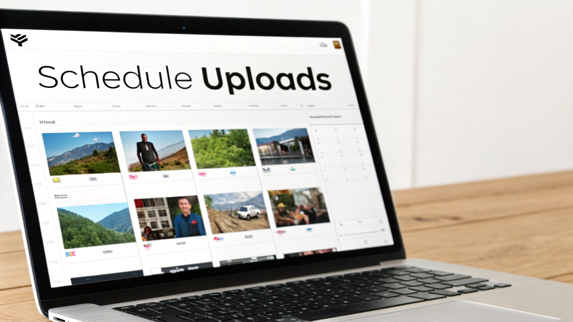 A close-up of a laptop screen showing a 'Schedule Uploads' webpage with image thumbnails and a calendar interface.